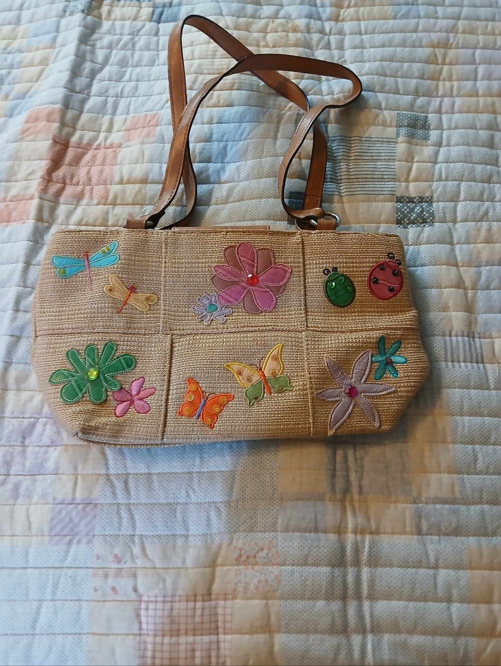 Neutral Woven Tote with Colorful Floral & Butterfly Appliqués